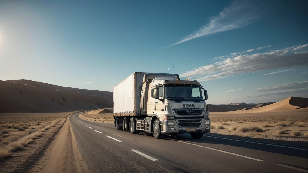 a highly detailed photorealistic image of a lorry on a road near the desert, (best quality,4k,8k,highres,masterpiece:1.2),ultra-detailed,(realistic,photorealistic,photo-realistic:1.37),rugged truck, dusty road, vast desert landscape, dramatic lighting, warm color tones, rolling hills, shimmering horizon, sand dunes, clear blue sky, wispy clouds