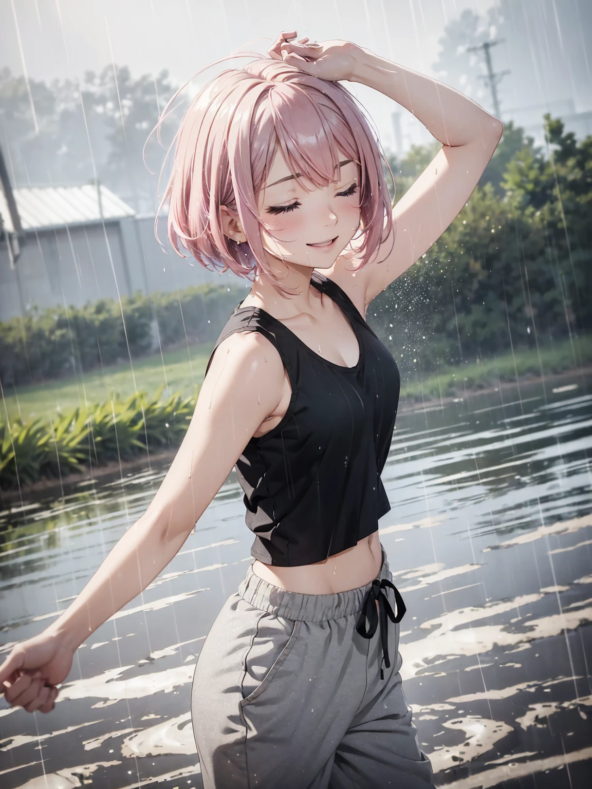 masterpiece, best quality, lineart, anime screencap, sketch, (1girl), (pink hair, bob cut, bangs, hair swaying from the wind:1.3), (red eyes, bright pupils, sparkling eyes:1.15), (wearing black tank top, black tank top, grey pants, grey jogging pants:1.4), (wet clothes, soaked clothes, damp clothes:1.3), solo, (smiling, dancing, dancing in the rain:1.4), (closed eyes), light particles, scenery, outdoors, dirt field, muddy fields, cloudy sky, grey skies, rain, bokeh, ambient lighting, vibrant colors, blurry background, 200mm lens, 