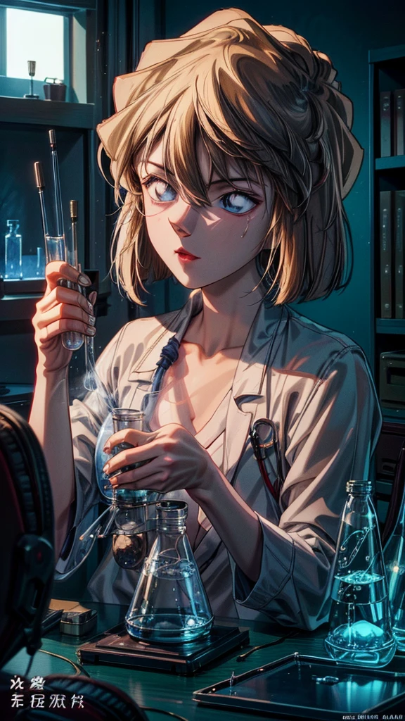 Huiyuan Ai in a white lab coat, beautiful detailed eyes, beautiful detailed lips, extremely detailed face, long eyelashes, scientific equipment, microscope, beakers, test tubes, glass bottles, grey color scheme, cinematic lighting, dramatic shadows, highly detailed, 8K, photorealistic, digital art, hyperrealistic, concept art