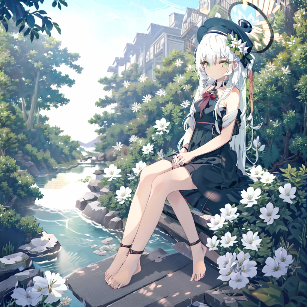 1girl,solo,long hair,outdoors,feet,barefoot,flower,sitting,hair flower,white flower,tree,hair ornament,hat,soles,toes,looking at viewer,black headwear,very long hair,skirt,bangs,day,closed mouth,bare shoulders,black skirt,blush,white hair,shoes,green eyes,sky,white shirt,shirt,short sleeves,legs,bare legs,petals,frills,detached sleeves,grass,shoes removed,bench,frilled skirt,foot focus,