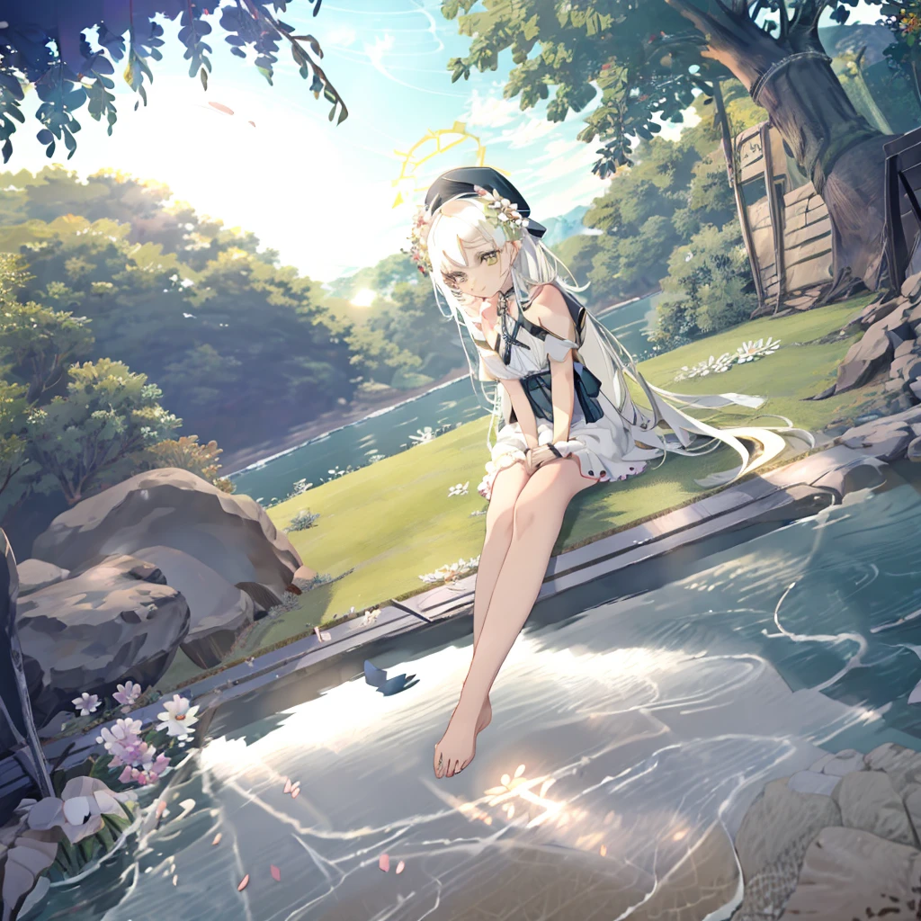 1girl,solo,long hair,outdoors,feet,barefoot,flower,sitting,hair flower,white flower,tree,hair ornament,hat,soles,toes,looking at viewer,black headwear,very long hair,skirt,bangs,day,closed mouth,bare shoulders,black skirt,blush,white hair,shoes,green eyes,sky,white shirt,shirt,short sleeves,legs,bare legs,petals,frills,detached sleeves,grass,shoes removed,bench,frilled skirt,foot focus,