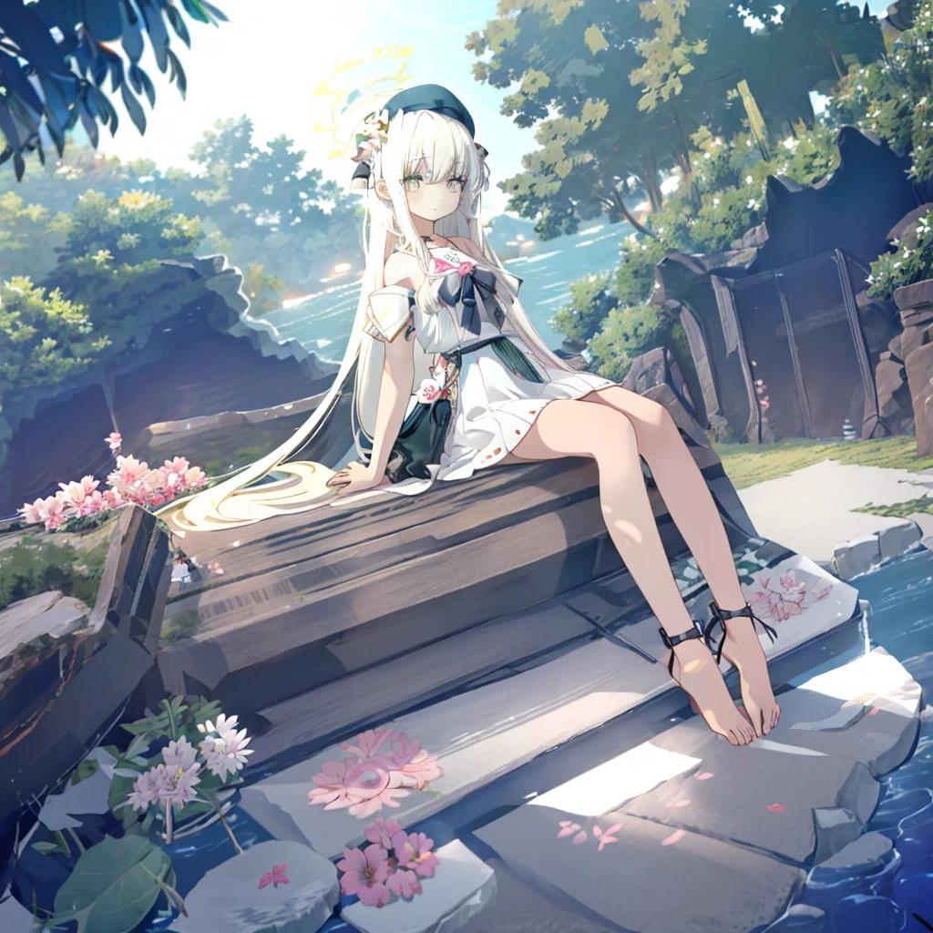 1girl,solo,long hair,outdoors,feet,barefoot,flower,sitting,hair flower,white flower,tree,hair ornament,hat,soles,toes,looking at viewer,black headwear,very long hair,skirt,bangs,day,closed mouth,bare shoulders,black skirt,blush,white hair,shoes,green eyes,sky,white shirt,shirt,short sleeves,legs,bare legs,petals,frills,detached sleeves,grass,shoes removed,bench,frilled skirt,foot focus,