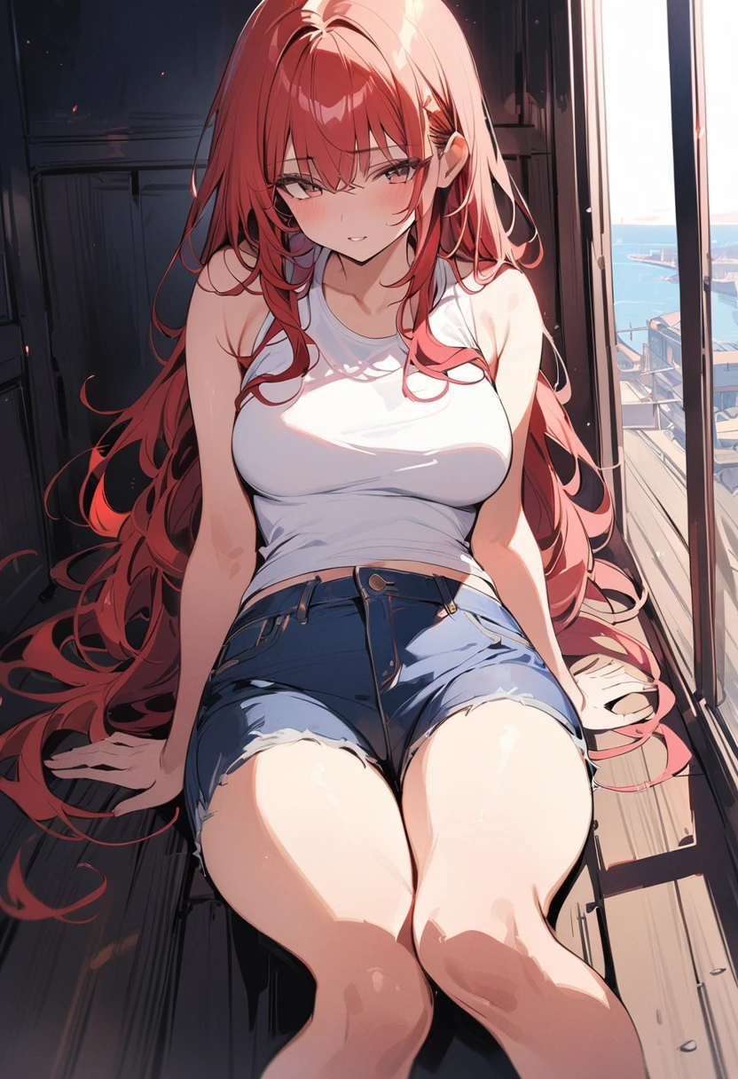 (masterpiece, best quality:1.2), 1 Girl, Solitary,permanent_,
Long hair, white sleeveless vest,Blue denim shorts