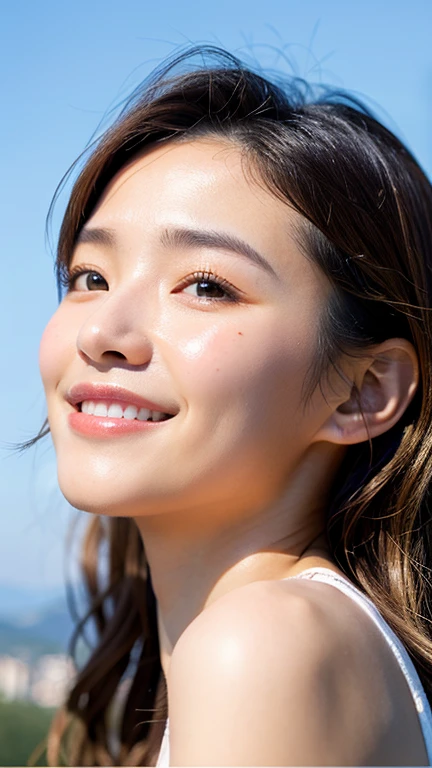 With the alleys of Kyoto in the background、18 year old girl、independent、facing forward、Light eye makeup、brown hair color、Flat 、hair blowing in the wind、quality of actress、shiny, super realistic face、Smile expression、Moist eyes、look up、calming lighting effect、 ultra-realistic capture、very detailed、High resolution 16K close-up of human skin。Skin texture must be natural、Must be detailed enough to see pores、skin is healthy、Must be even tone、Use natural light and color、High quality photos taken by a modeling agency'Exclusive photographer、smile
