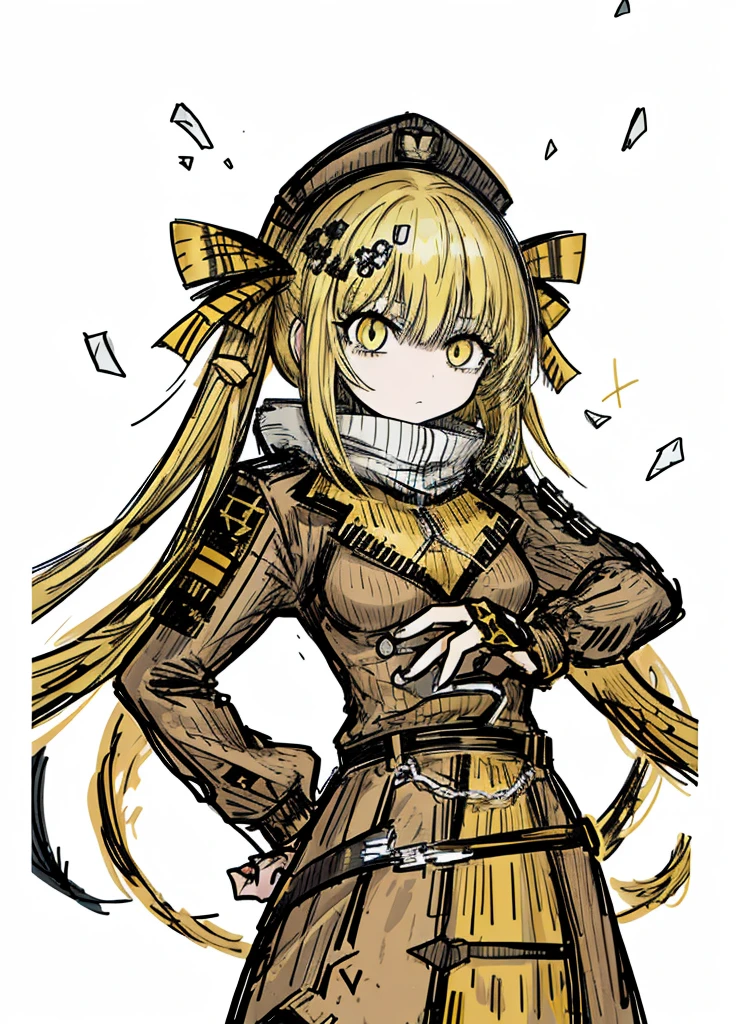 1girl, yellow eyes, yellow hair, bangs,short hair, long pigtails,hair between eyes , diana,
(high resolution, high detail, best quality), annoying, believed, military,flat breasts
