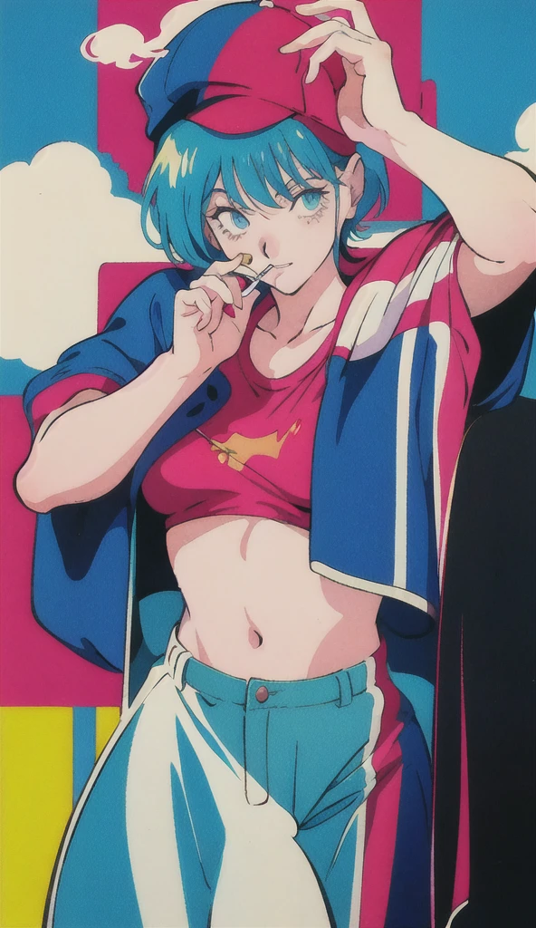 Woman in baseball cap,He is holding up a cigarette and smoking.。, Anime atmosphere of the 80s, 90s anime style, 90s anime style, 80s anime style, In 80s anime art style, 90s anime art style, Anime atmosphere, 80s anime art style, 1980's anime style,Neon Light