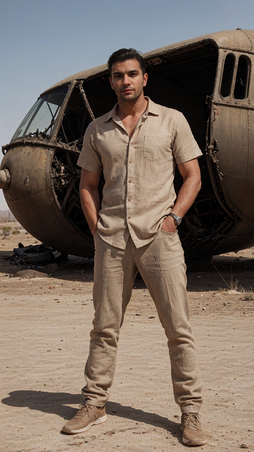 Real image of a handsome athletic Turkish man in his 30s posing in the desert wearing an open beige linen shirt. In the background an abandoned and rusty crashed plane.