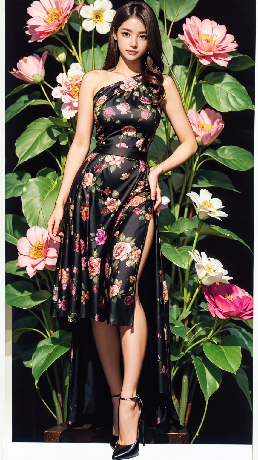 ((masterpiece)),(((Highest quality))),Thin thighs,Long legs,whole body:1.5，(One Girl:1.3),(Black pantyhose and thick pointy heels：1.3),(Wearing a floral long skirt dress:1.2),Short Blonde:1.2、Model pose，