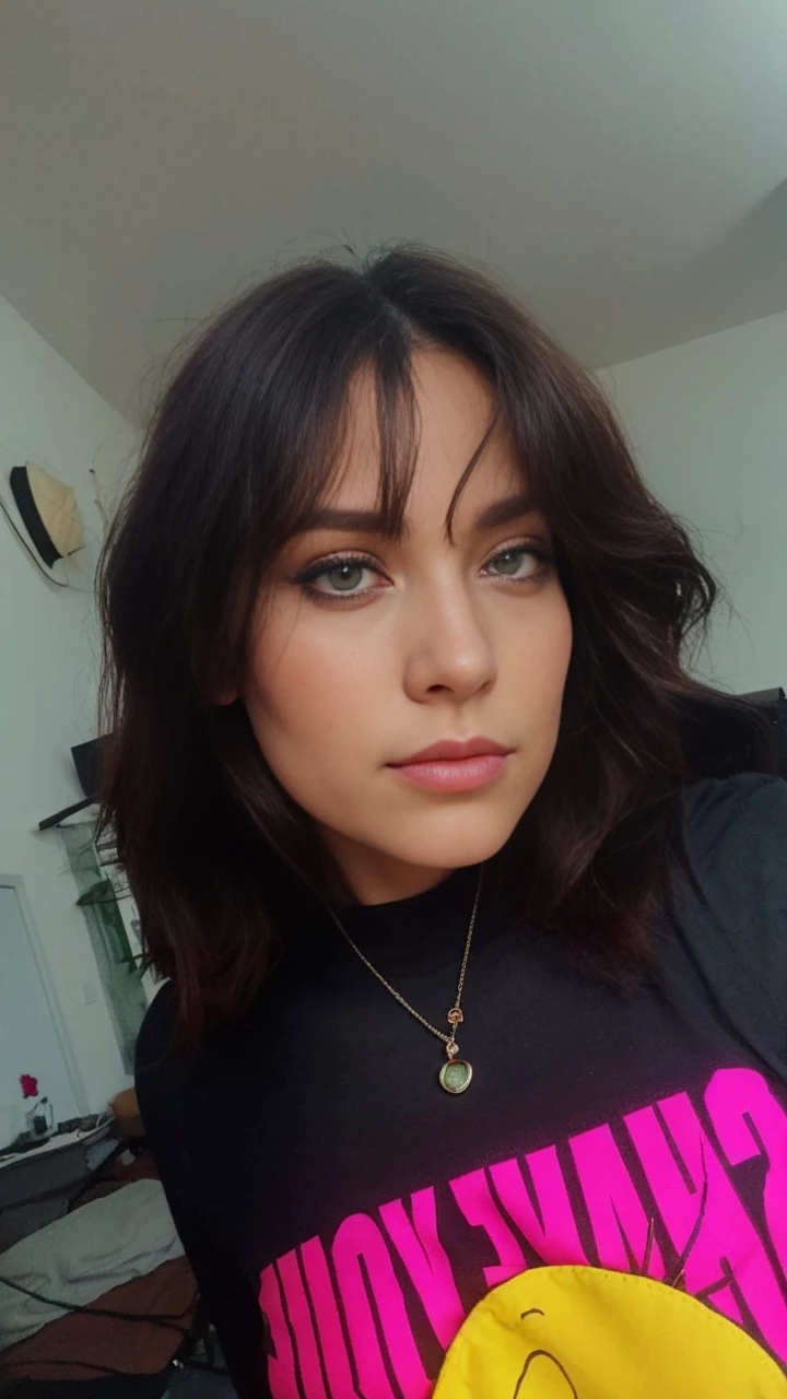 arafed woman fully , with green eyes, ultra realistic, meticulously detailed, red hair and large eyes, selfie of a young woman, bedroom eyes, violet myers, without makeup, natural makeup, looking directly at the camera, face with artgram, subtle makeup, stunning full body shot in livingroom, strong wind, medium to large size bust,cordset leggins
