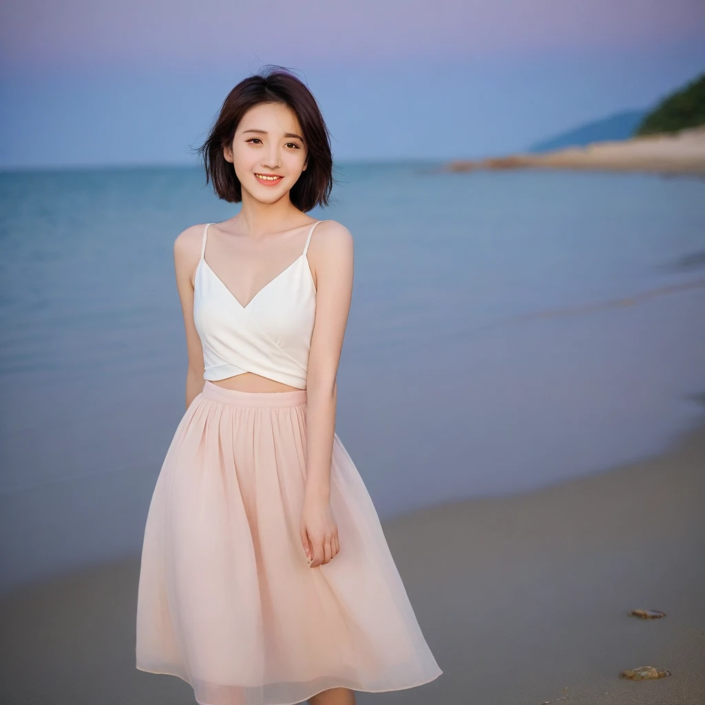 sunset on the beach，There is an afterglow on the sea, beautiful korean girl,  size 34 inches, Wear sleeveless, light skirt, sunset beach . beautiful pretty woman look , wearing a light skirt , Go far into the sea water and dip your toes., Short medium hair blowing in the wind, 1 woman, beautiful eyes, a little smile, Full body photo from a distance with a wide angle lens