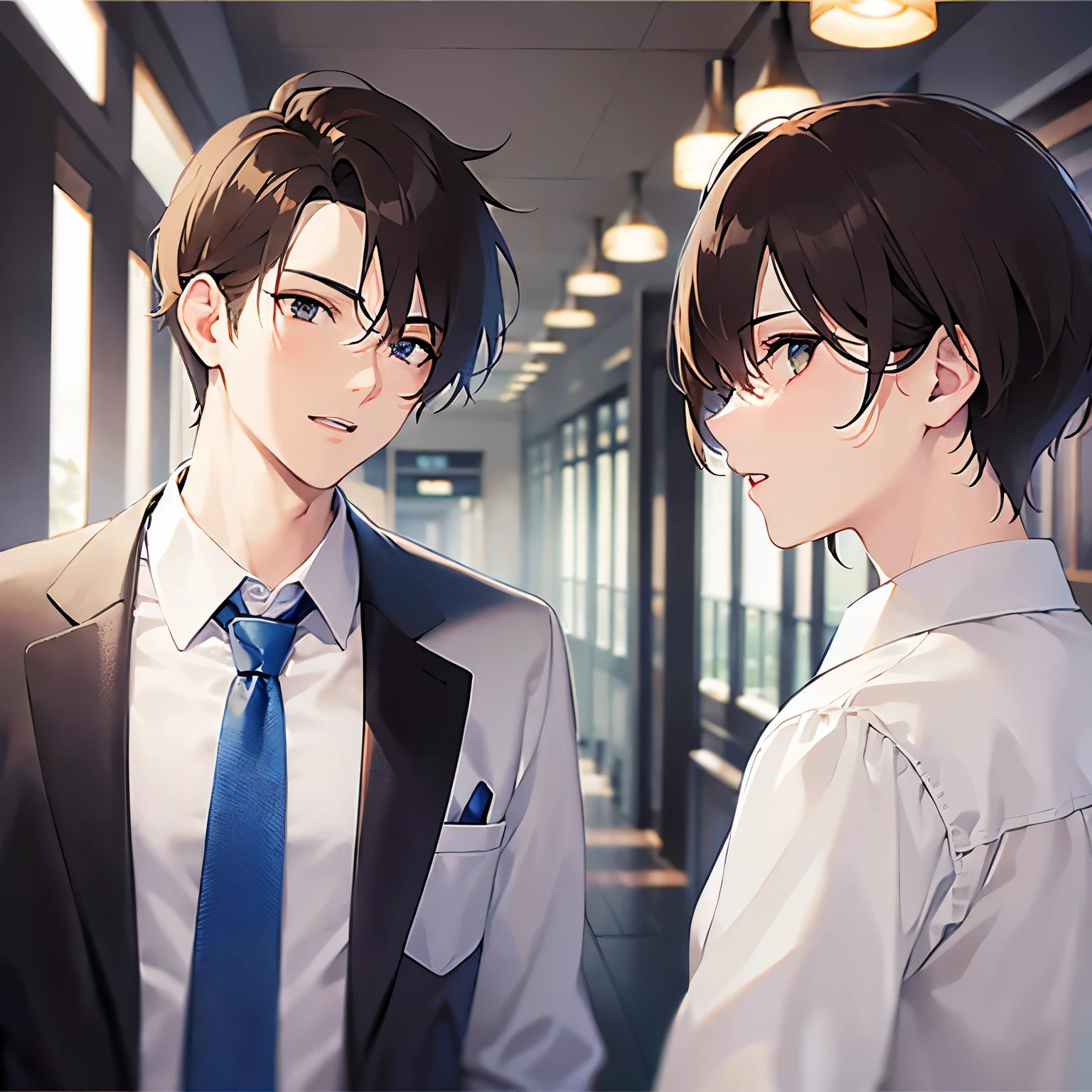 BREAK (25-year-old male:1.5) and (Mahogany brown short hair) and (Green Eyes) BREAK (white collared shirt) and (Blue tie)、(looking at viewer:1.5),close-up、 masterpiece、Highest quality、
Are standing、Panic, The background is the office lobby.、alone、open mouth