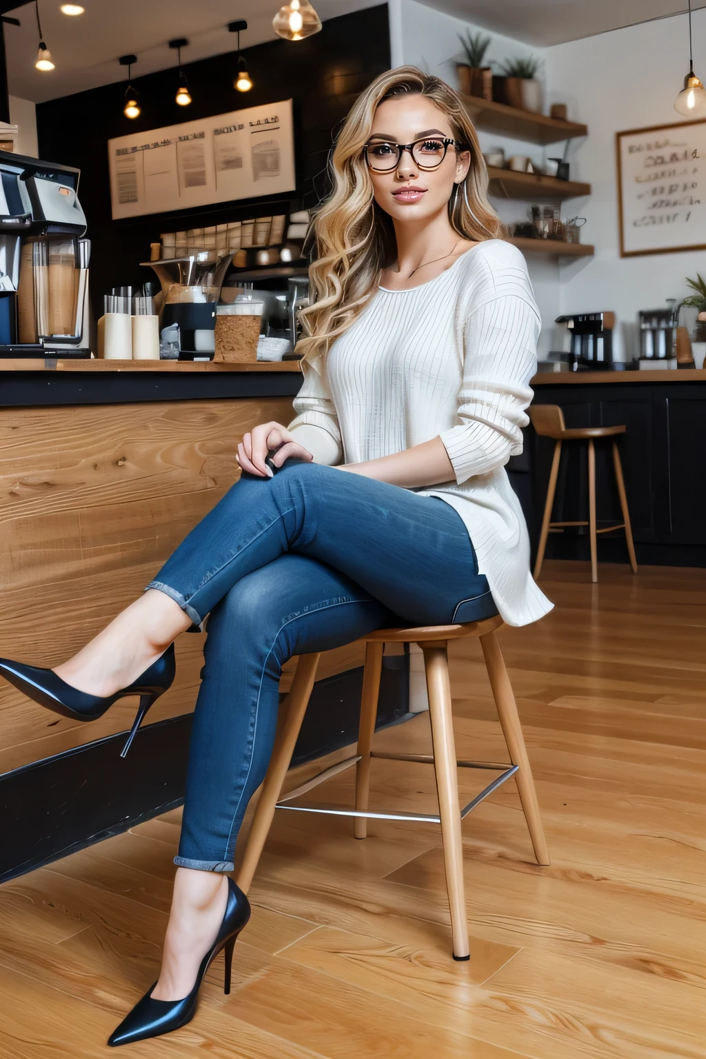 high quality,16K:1.1),((, German women sitting on chairs in a coffee shop） 、(Full Body Shot:1.2),(),Blonde wavy hair、Glasses、ear piercing、smile、Beautiful teeth alignment、((オフィスレディースーツ、パンツスタイル、pumps)), ,(View your audience:1.3),The background is a coffee shop
