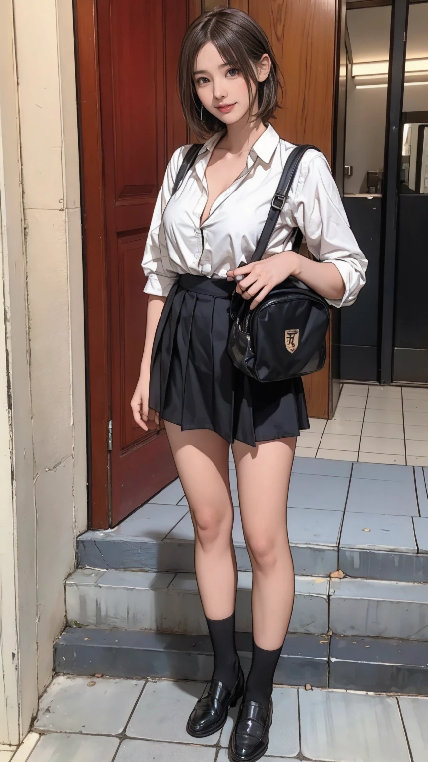 ((masterpiece)),(((Highest quality))),Thin thighs,Long legs,An 18-year-old woman standing on the steps of her school,Japan uniform:1.5,A white shirt with the buttons open, revealing a white bra and accentuating her cleavage.:1.5,The best smile,Short blonde hair:1.5,short side wave,Carrying a black backpack,Wear black loafers,