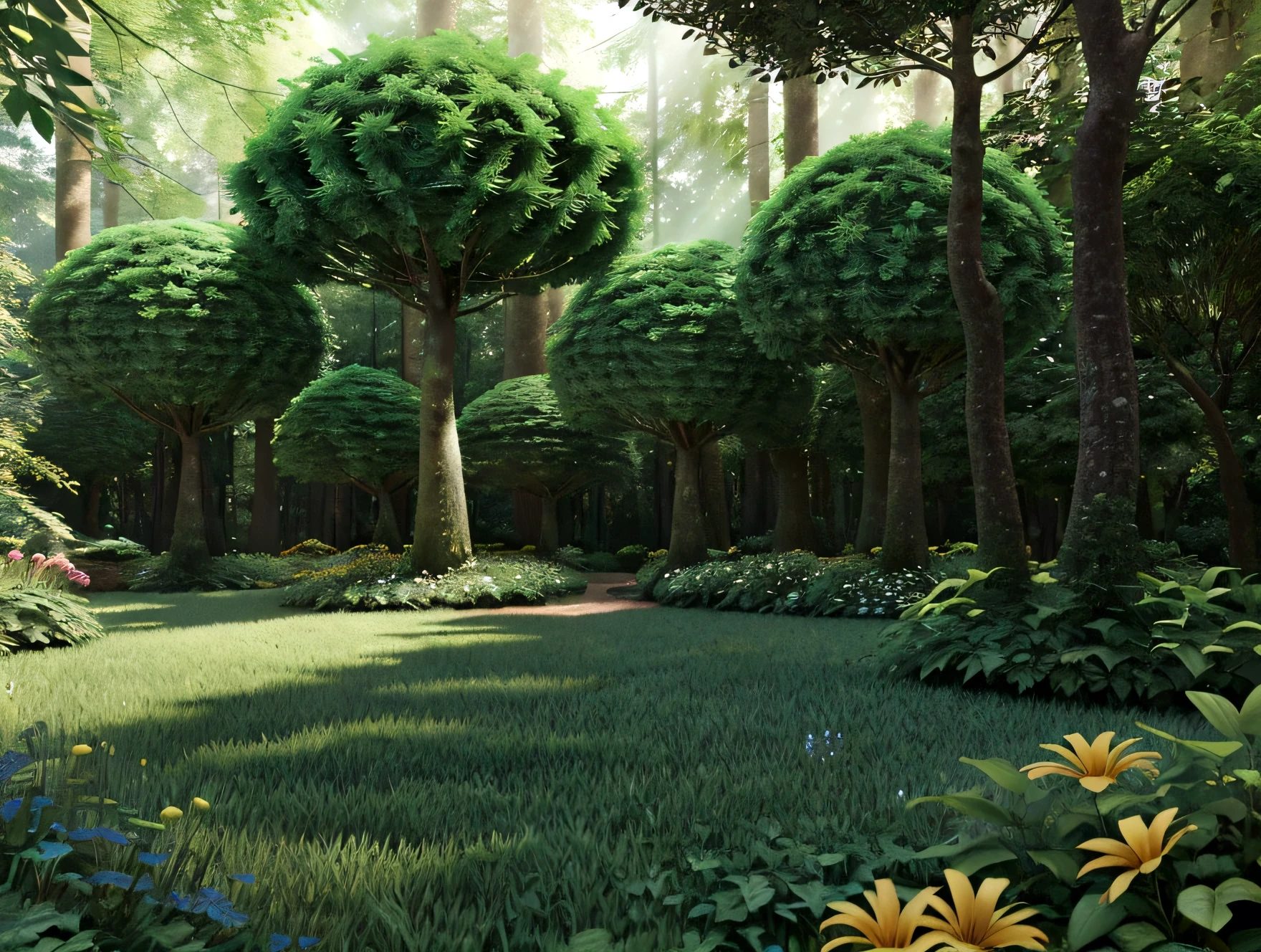 a lush green forest with a curious expression, surrounded by tall trees, colorful flowers, and bright sunlight filtering through the leaves. PIXAR 3D STYLE, SUPER CLEAR