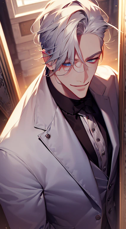 (best quality,8k,photorealistic,cinematic lighting,1:4 hdr image,top view,ultra detailed,beautiful image),(man:1.2),(mature man:1.2),(handsome:1.3),(short grey white hair:1.1),(blue eyes:1.1),(perfect face:1.2),(buttoning his jacket:1.1),(CEO:1.1),(smile in love)