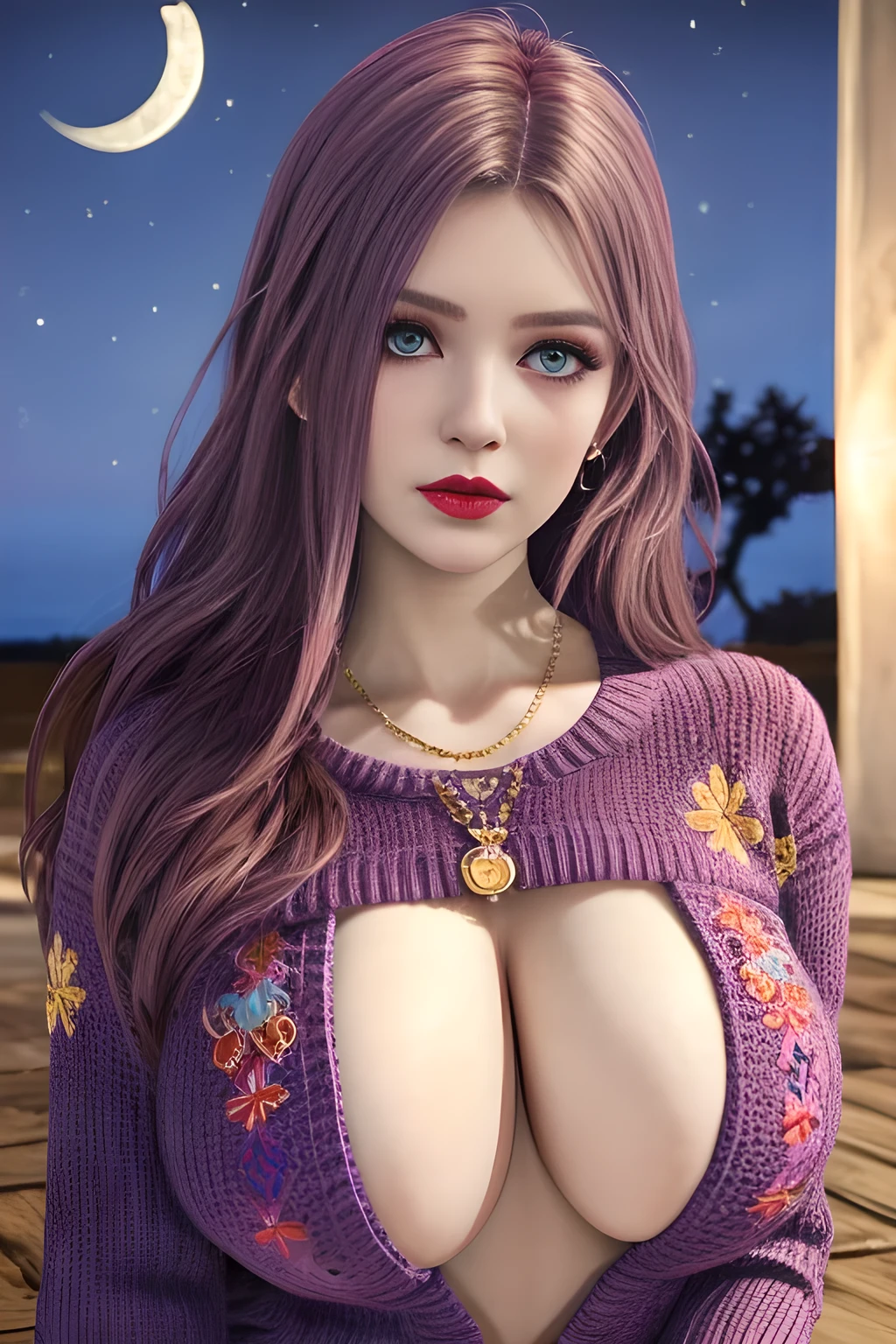 1 girl,Dressed in vibrant rainbow color scheme art; Su embroidery craft; knitted sweater ripped dress,jewely,(Tattooed with:1),during night, full_themoon, As estrelas,Redlip,(huge breasts),(masterpiece:1.5),( Best quality at best:1.4),(Realistic:1.4), detailed,8K,number art,detailedhair,Expressive eyes, s the perfect face, real fingers,depth of fields,Similar colors,a warm color palette,softlighting,low-contrast,hard shadows,elise