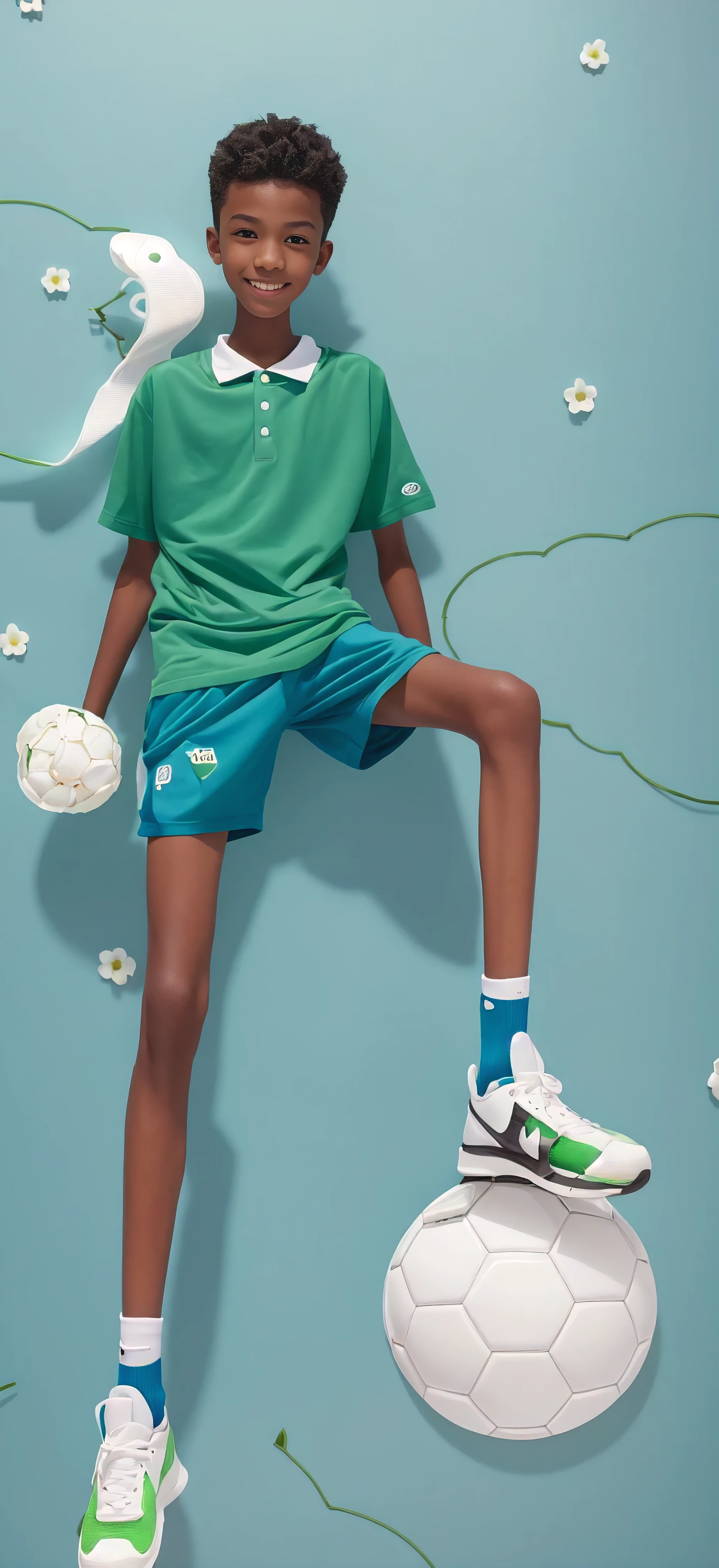 boy,(Wearing white tennis clothes,Wearing green socks),Dark skin,Big round eyes,Very short hair,Tall and skinny,Toothy Smile,Sharpen details,Knee muscle lines,Blue Background,Hold a bouquet of flowers in your hand