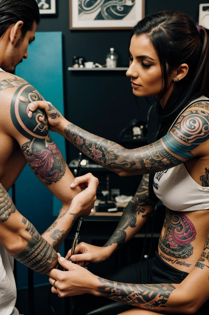 A Chameleon who is a tattoo artist, tattooing a woman