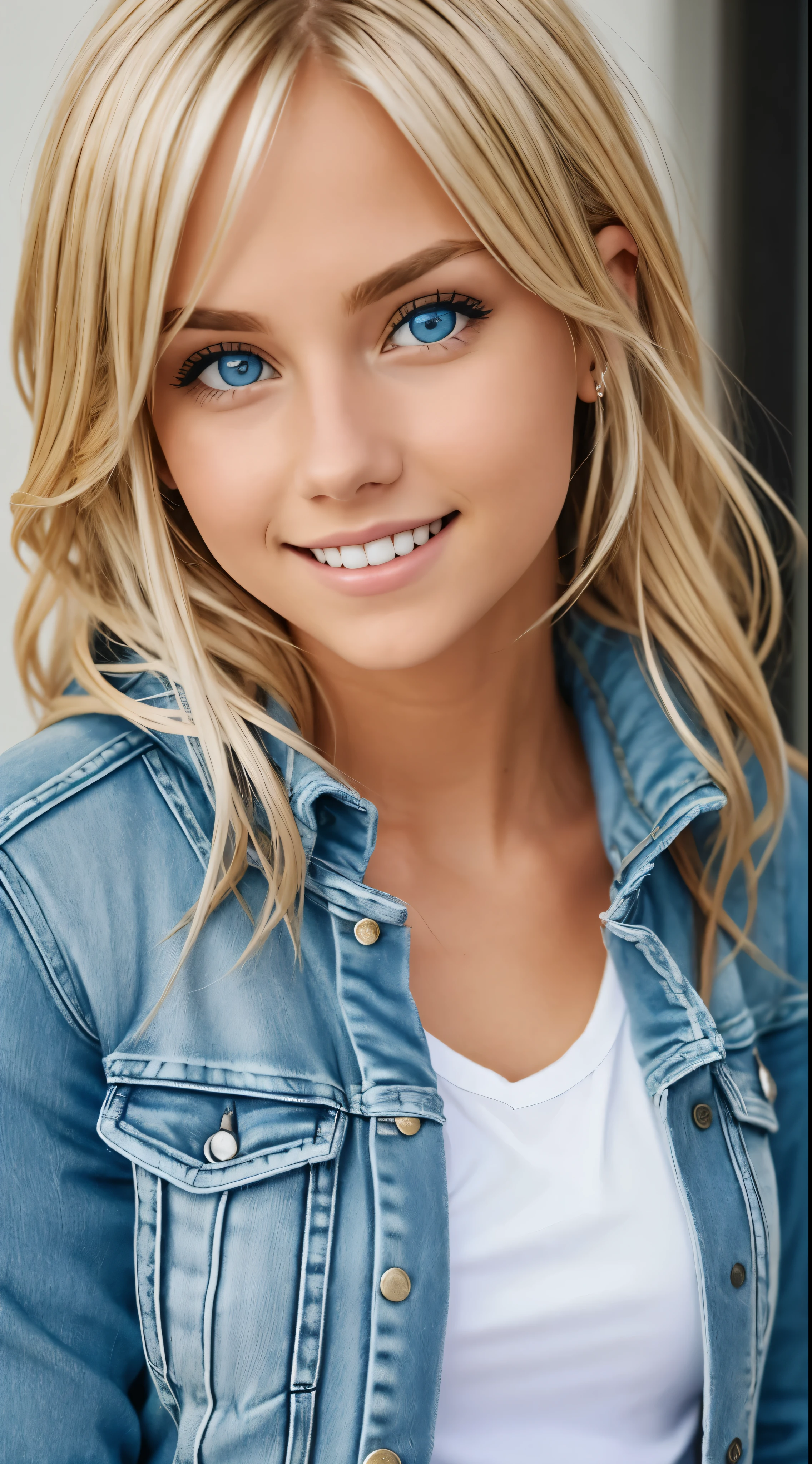 ChristiaAOT, 1girl, solo, christa renz, smile, hair between eyes, blue eyes, blonde hair, jacket, medium hair,