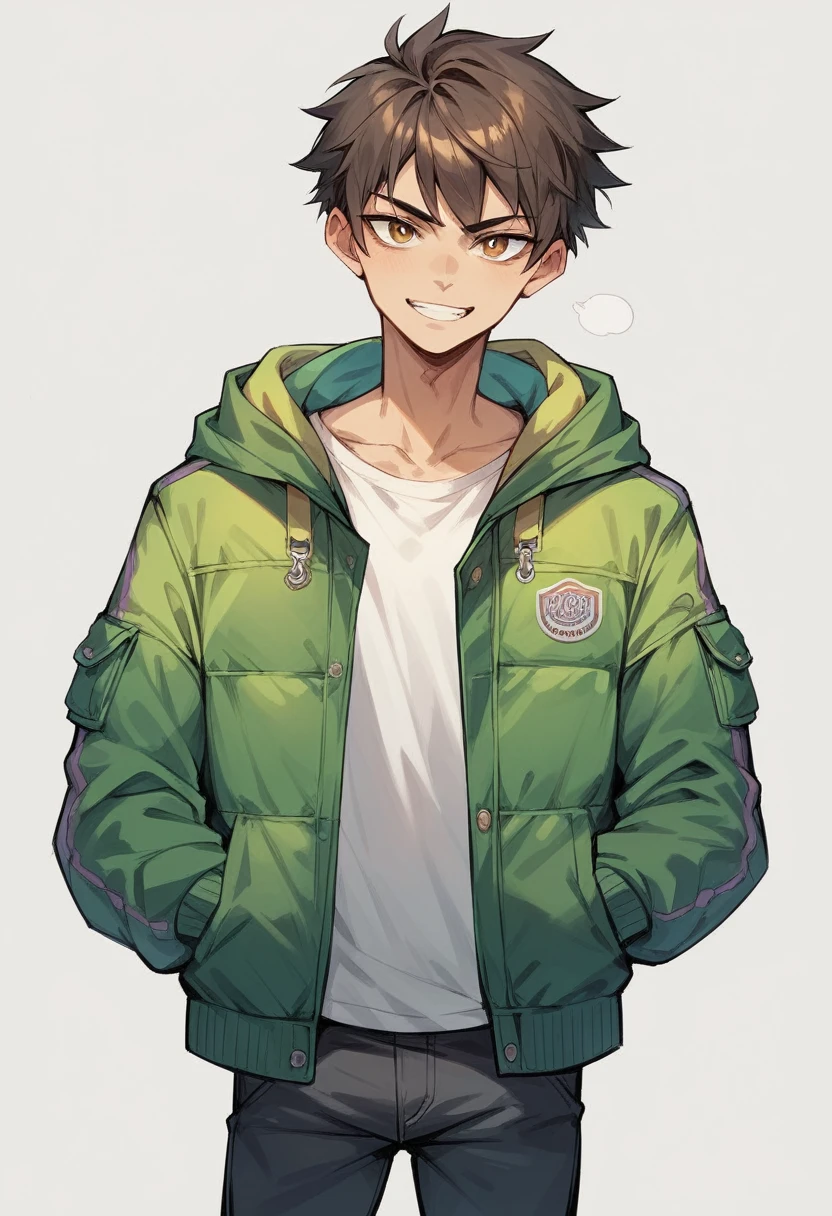 gorgeous tomboy looking at viewer with arrogant lustful smile, wearing a spring jacket