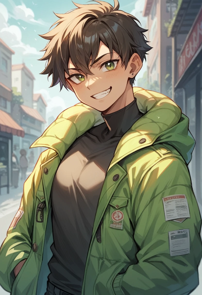 gorgeous tomboy looking at viewer with arrogant lustful smile, wearing a spring jacket
