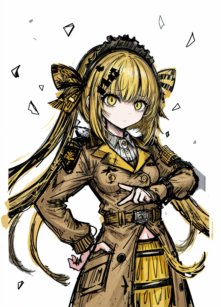 1girl, yellow eyes, yellow hair, bangs,short hair, long pigtails,hair between eyes , diana,
(high resolution, high detail, best quality), annoying, believed, military,flat breasts