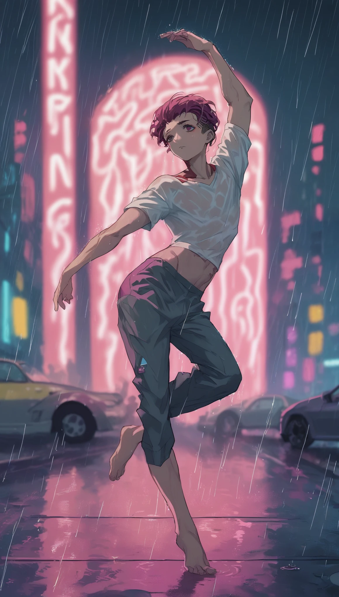 (Masterpiece, Best Quality, high resolution, 32k drive wallpaper, Extremely detailed CG:1), (weak illustration on stage:1.0), ((1 young handsome cyberpunk:1.5 dancing in the rain:1.7 )),(( cyberpunk night city:1.4)), neon signs futuristic cars,dark place rain, ((wet clothes magenta neon lights perfectly illuminating the young man:1.45) . 32k