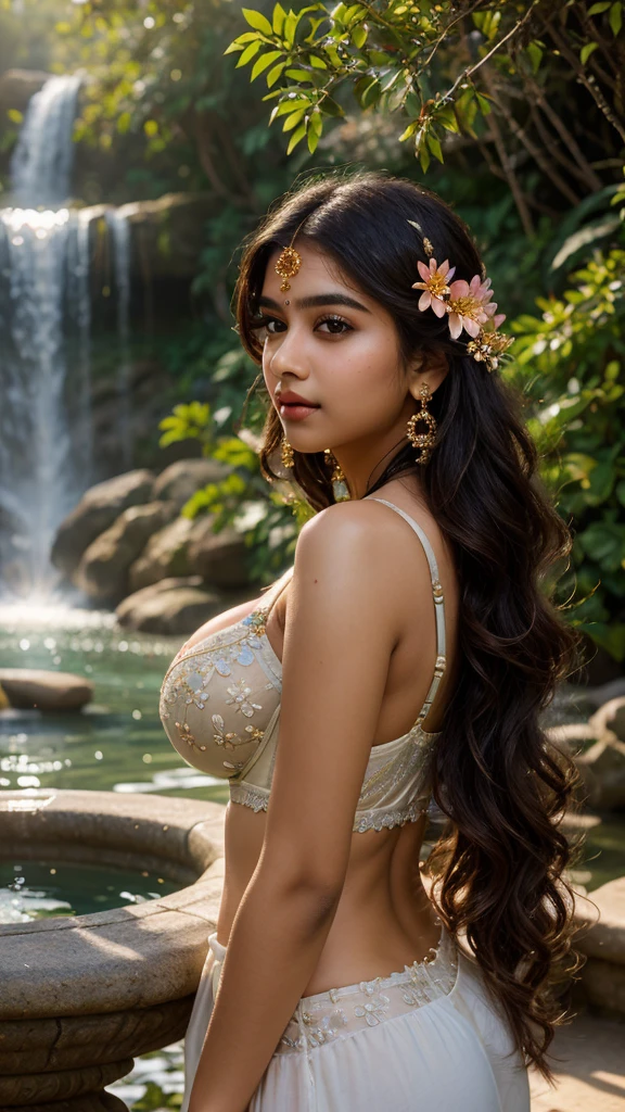 masterpiece), (best quality:1.7), (finely detailed eyes and detailed face), (detail:1.3, best quality, (ultra-detailed), (an extremely delicate and beautiful),cinematic light,dynamic angle,floating, (best quality:1.3),((disheveled hair:1.2),(beautiful detailed eyes:1.1), Indian girl, wearing bra , cleavage full , big huge breast , charming face , seductive pose, temple meadows waterfall background , bokeh , flower on hair