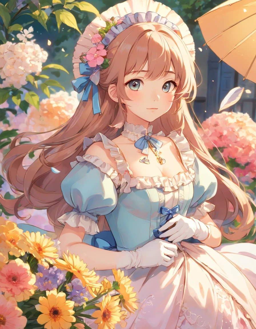 (Masterpiece), (best quality), illustration of Victorian Girl、kawaii girl、aniime、 1. **lo fashion**: Victorian fashion is characterized by dressy and elegant design。Ruffles and laces、corsets、Try incorporating elements such as long dresses。 2. **hairstyle on**: Women's hairstyles in the Victorian era are often complex and delicate。Upstyling and curling、It is also a good idea to add ribbons and floral ornaments to the hair.。 3. **Features**: girl features with soft features、Beautiful、kawaii、intelligent Beatty, Beautiful 5. **accessorized**: Accessories played an important role in the Victorian era。Hats、gloves、umbrellas, etc.、By drawing accessories with attention to detail、You can give your character personality。 Nice dress、florals、Luxurious costumes、PastelColors, (shining brightly), ((dazzling)), (floating a lot of flower petals, ((2D)), ((paper art))、グラマラス、ふっくら