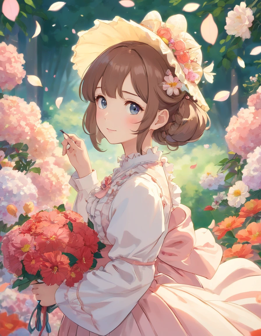 (Masterpiece), (best quality), illustration of Victorian Girl、kawaii girl、aniime、 1. **lo fashion**: Victorian fashion is characterized by dressy and elegant design。Ruffles and laces、corsets、Try incorporating elements such as long dresses。 2. **hairstyle on**: Women's hairstyles in the Victorian era are often complex and delicate。Upstyling and curling、It is also a good idea to add ribbons and floral ornaments to the hair.。 3. **Features**: girl features with soft features、Beautiful、kawaii、intelligent Beatty, Beautiful 5. **accessorized**: Accessories played an important role in the Victorian era。Hats、gloves、umbrellas, etc.、By drawing accessories with attention to detail、You can give your character personality。 Nice dress、florals、Luxurious costumes、PastelColors, (shining brightly), ((dazzling)), (floating a lot of flower petals, ((2D)), ((paper art))、グラマラス、ふっくら