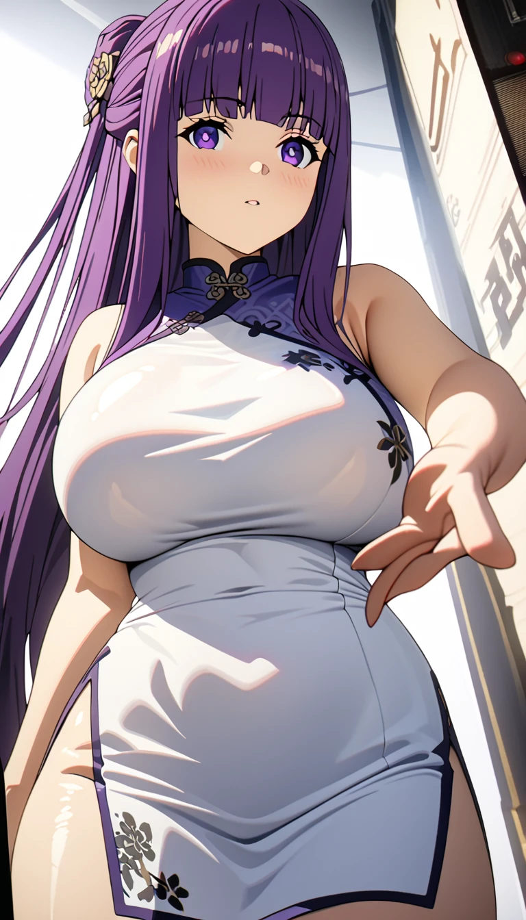 Cheongsam Girl，Half Up,Purple Hair,Purple eyes,Long Hair，Blunt bangs,cowboy shot,Pure white background，Big Breasts,Depth of written boundary，Calf Level View，Overclocked Renderer，Cinema Lighting，masterpiece,Ultra-fine，Very detailed，complicated，Cinematic Perspective，CG Art，Looking at me,