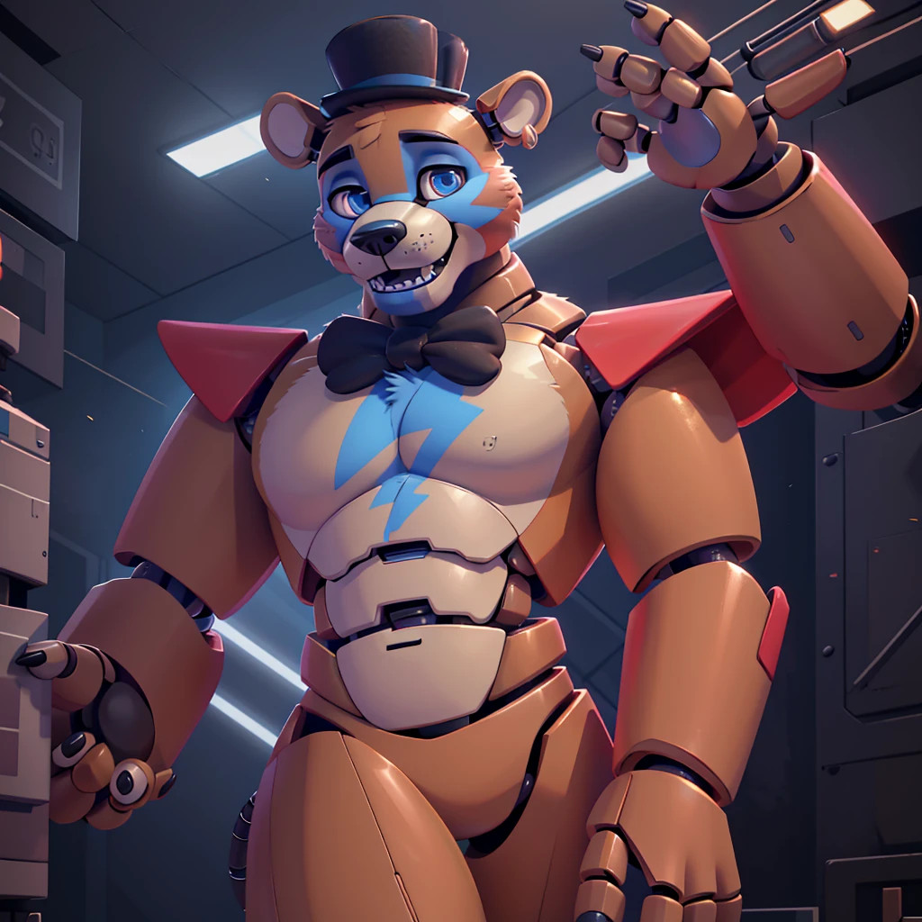 (masterpiece), ((perfect anatomy)), (high Res), (4k), bear, buff, strong, blue eyes, wide shoulders, (robot), (animatronic), happy, ((black hat)), ((((realistic artstyle)))), (((solo)))