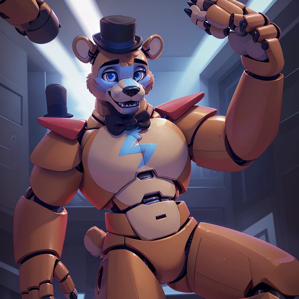 (masterpiece), ((perfect anatomy)), (high Res), (4k), bear, buff, strong, blue eyes, wide shoulders, (robot), (animatronic), happy, ((black hat)), ((((realistic artstyle)))), (((solo)))