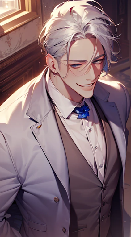 (best quality,8k,photorealistic,cinematic lighting,1:4 hdr image,top view,ultra detailed,beautiful image),(man:1.2),(mature man:1.2),(handsome:1.3),(short grey white hair:1.1),(blue eyes:1.1),(perfect face:1.2),(buttoning his jacket:1.1),(CEO:1.1),(smile in love)