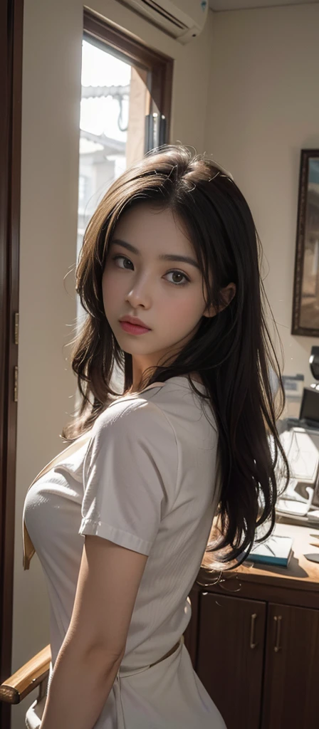 (masterpiece),(8k high resolution), (highest quality), (RAW image quality),(muste piece:1.2), (Reality), (It's photorealistic:1.37), 、Super detailed、Clear like a photo、detailed eyes、Gradation、perfect anatomical body proportions, Nikon Z9 80mm Renaste Piece、solo、Detailed patterns、Very bright natural light、too bright natural light、shining sunlight、, 1 girl, ASİAN, breathtaking beauty, perfect face, ((Thin body)), 20-year-old, sexly, cinematic light, short hair,、Lace material white T-shirt、((Extremely large size micro black color darkness hot pants))、((high heels shoes:1.2))((beautiful face))、((Japanese idol faces))、((on the streets of tokyo))、((lazy smile))、((Open stance))、((standing))、((Open stance))、(from below:1.2)、((Ultra High Definition Face:1.2))、((see the beholder))、((beautiful face))、turn around、((butt))、((body bent forward and down))、((Emphasis on butt))、((back position))、((Go up the escalator))、((Satomi Ishihara))、((From behind))