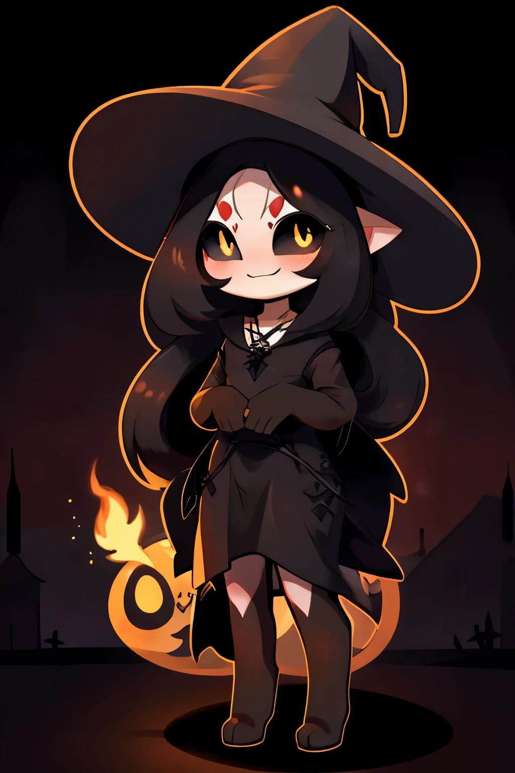 source_anime, male, flat chest, pointy ears, multiple eyes, gothic, witch hat, black clothing, black necklace, solo, light skin, horn, black sclera, yellow pupils, arachnoid, demon, (chibi:1.1), black hair, long hair, cute pose, blushing, smiling