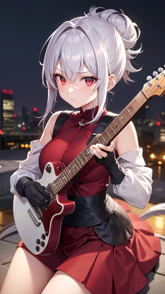 teenager, cleavageSilver hair, silver hair, neck, cleavages,mysterious, red eyes, bun, hair tied up, short hair, single earring, gloves, emotionless, shoulders showing, guitar, red top, skirt
city skyline, ultra-detailed, absurdres, unreal engine, masterpiece, best quality, beautiful eyes, volumetric lighting, silky_hair), best quality, ultra-detailed, looking at viewer, highres, 8k wallpaper, extremely detailed, smooth lighting, 8k, depth of field, masterpiece, cinematic lighting,