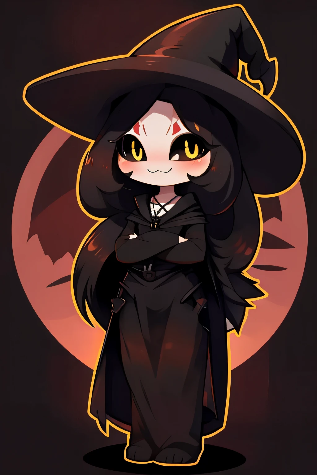 source_anime, male, flat chest, pointy ears, multiple eyes, gothic, witch hat, black clothing, black necklace, solo, light skin, horn, black sclera, yellow pupils, arachnoid, demon, (chibi:1.1), black hair, long hair, cute pose, blushing, smiling