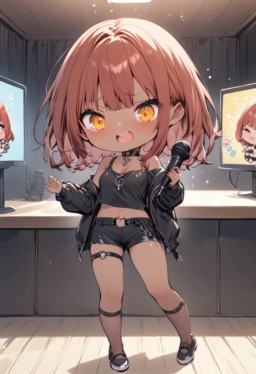 full body,1 girl, (cute:1.3),short red Hair, left eye blue, right eye yellow, tan skin, freckles, oversized black skirt, Black fishnet stockings, black shirt, shorts, Shoes, O-Ring choker, off shoulder, medium breasts, thigh strap, fishnet stockings,Glossy, shiny material, chibi emote, chibi character, chibi, holding microphone, singing into microphone, singing, karaoke, embarrassed expression 