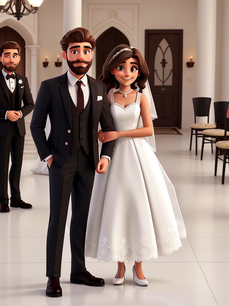 A white man with short hair combed to the side, low beard and mustache, usando um terno preto, and a brunette woman with long brown hair, eyes browns, Wearing a white wedding dress. Happy couple smiling.
