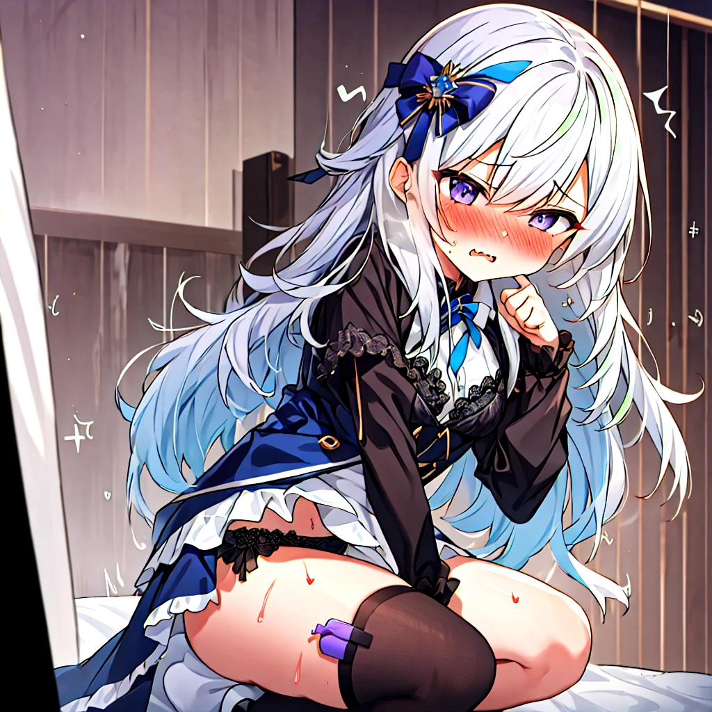 ((( masterpiece, Highest quality))), ((girl)),、Browsing Caution、at close range、cute、Silver Hair、Long Hair、Blue right eye、 Purple left eye、 Black long coat,、Check skirt、Hold your groin with your hands、Trembling with sexual climax、 Knee socks vibrator thigh vibrator, Black lace panties、Dripping love juice、 Heart Pupil、 Looks at me with an angry face、Angry、((close)), ((Blushed)),,,Sweat、Perfect lighting、Natural light、Perfect composition、Fantasy Style