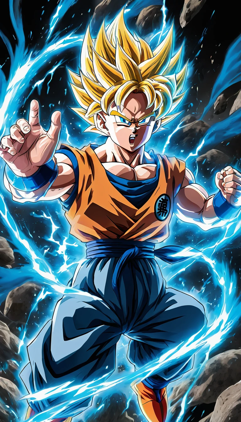 Manga cover, intense fight, (7 different forms of son goku super saiyan god mode ((unleashing random form blue rayed kamehameha:1.2)) , fighting majin buu ) , random fight scene, (multiple views:1.2)