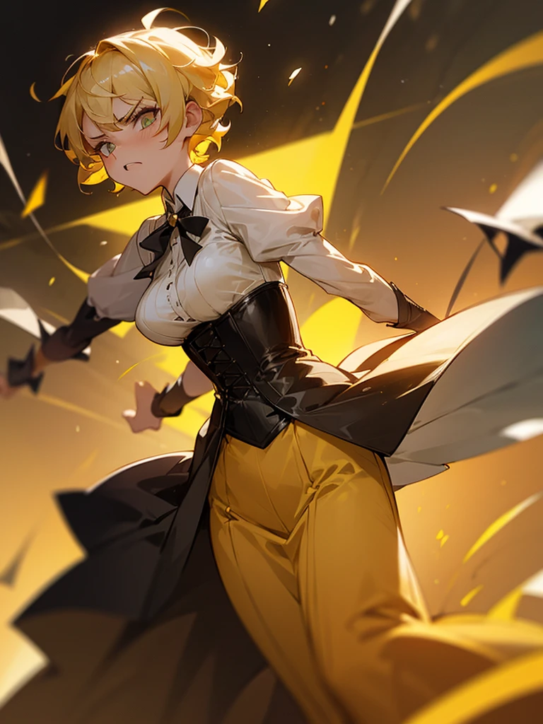 Yellow corset dress, blonde curly short hair, angry girl