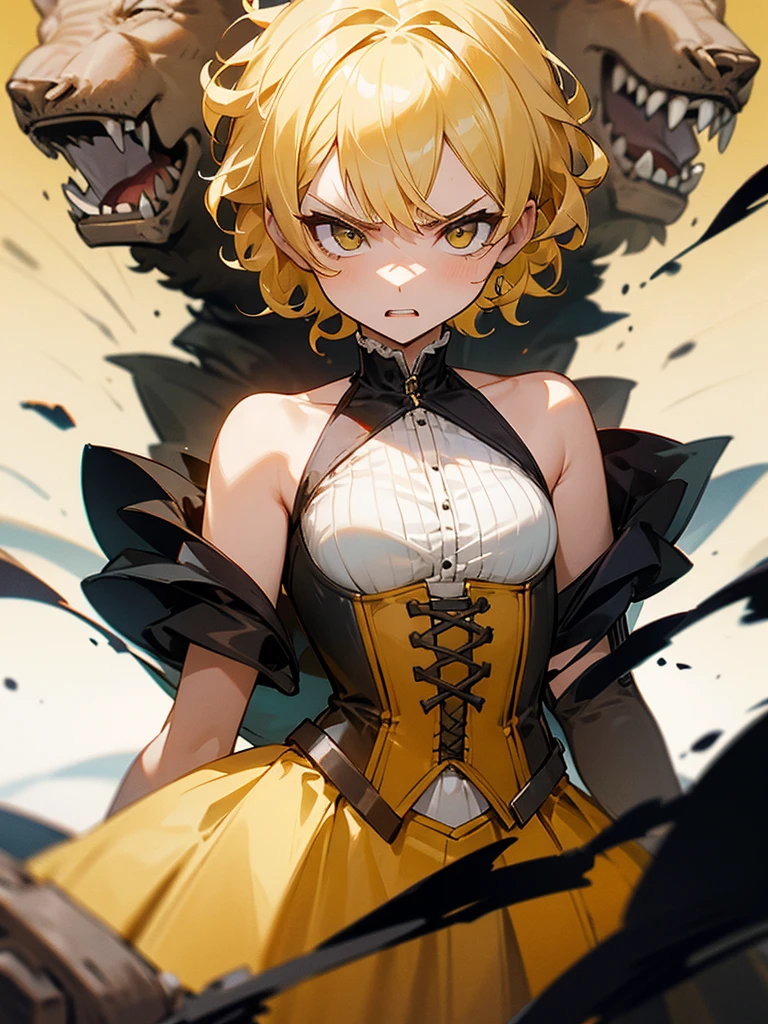 Yellow corset dress, blonde curly short hair, angry girl