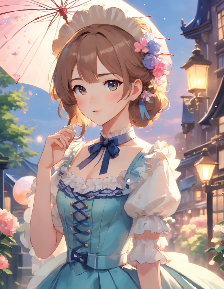 (Masterpiece), (best quality), illustration of Victorian Girl、kawaii girl、aniime、 1. **lo fashion**: Victorian fashion is characterized by dressy and elegant design。Ruffles and laces、corsets、Try incorporating elements such as long dresses。 2. **hairstyle on**: Women's hairstyles in the Victorian era are often complex and delicate。Upstyling and curling、It is also a good idea to add ribbons and floral ornaments to the hair.。 3. **Features**: girl features with soft features、Beautiful、kawaii、intelligent Beatty, Beautiful 5. **accessorized**: Accessories played an important role in the Victorian era。Hats、gloves、umbrellas, etc.、By drawing accessories with attention to detail、You can give your character personality。 Nice dress、florals、Luxurious costumes、PastelColors, (shining brightly), ((dazzling)), (floating a lot of flower petals, ((2D)), ((paper art))、グラマラス、ふっくら