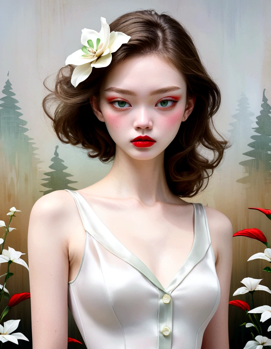 (Close-up of the upper body of a woman wearing a green sleeveless frilly blouse), Surrealistic, realistic and exquisite digital illustration, (Beautiful face_delicate features, clear and pale skin), long brown wavy hair, inspired work,