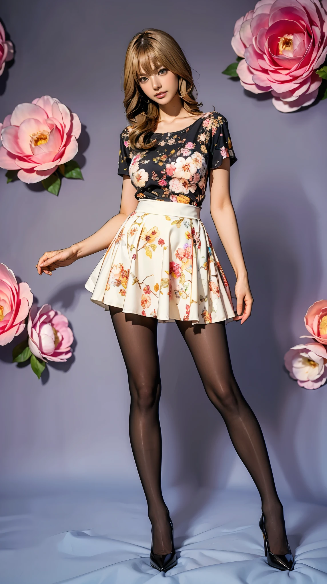 ((masterpiece)),(((Highest quality))),Thin thighs,Long legs,whole body:1.5，(One Girl:1.3),(Black pantyhose and thick pointy heels：1.3),(Wearing a floral mini flare skirt dress:1.2),Short Blonde:1.2、Model pose，high waist:1.5、