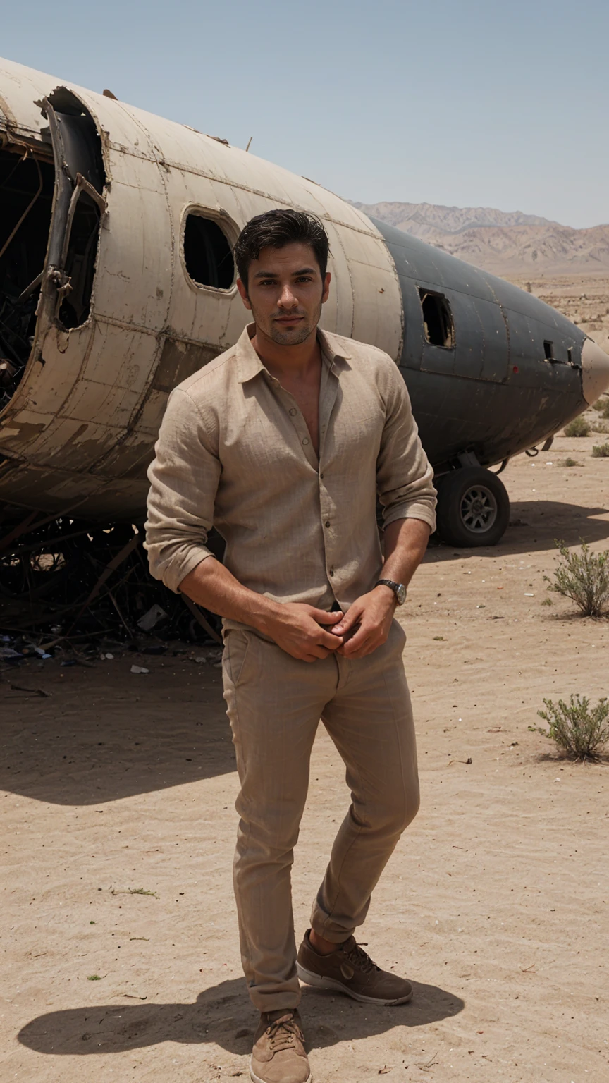 Real image of a handsome athletic Turkish man in his 30s posing in the desert wearing an open beige linen shirt. In the background a crashed abandoned and rusty passenger plane.
