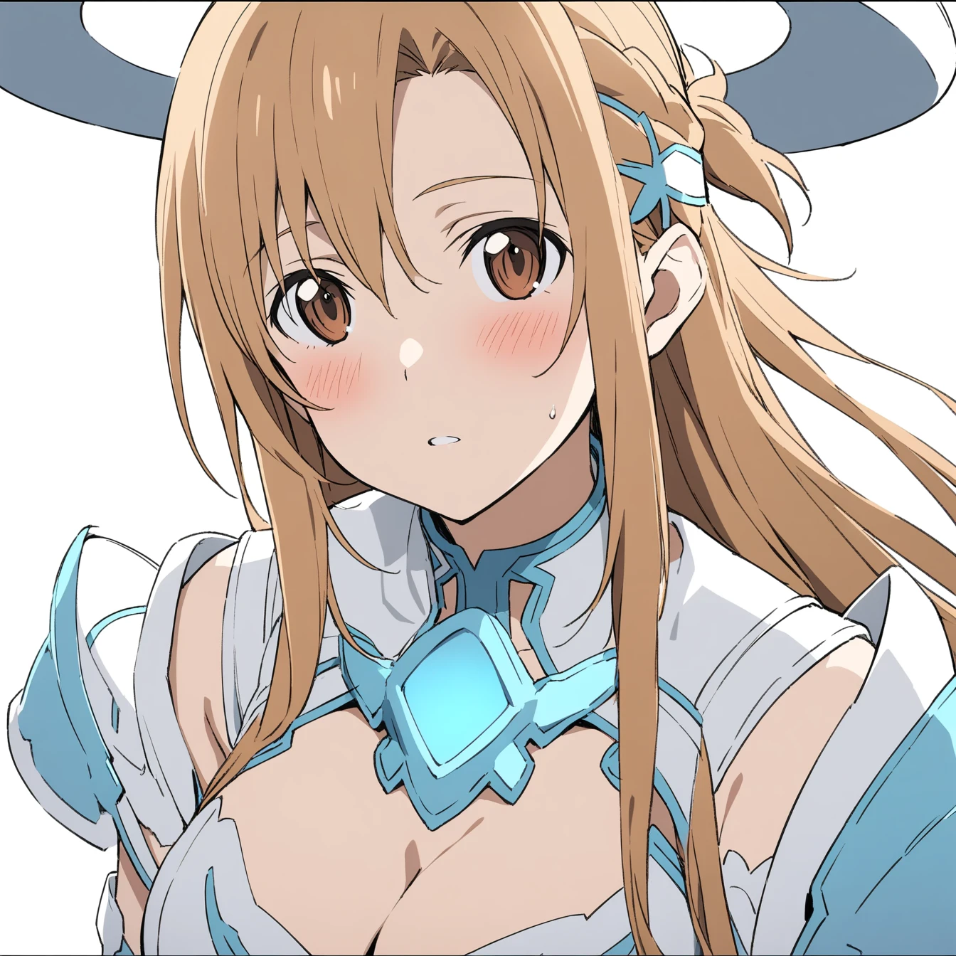 1girl, asuna \(STAR\), Sword Art Online，Solitary, Viewers, Pure white background，blush, Brown eyes,breathe, avatar，Half Body，Comic style without color，angle, masterpiece, best quality，armor，Cleavage，Heavenly Wheel Armor Costume，Black, white and gray