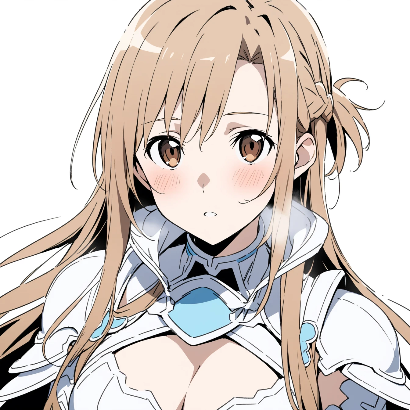 1girl, asuna \(STAR\), Sword Art Online,Solitary, Viewers, Pure white background,blush, Brown eyes,breathe, avatar,Half Body,Comic style without color,angle, masterpiece, best quality,armor,Cleavage,Heavenly Wheel Armor Costume,Black, white and gray